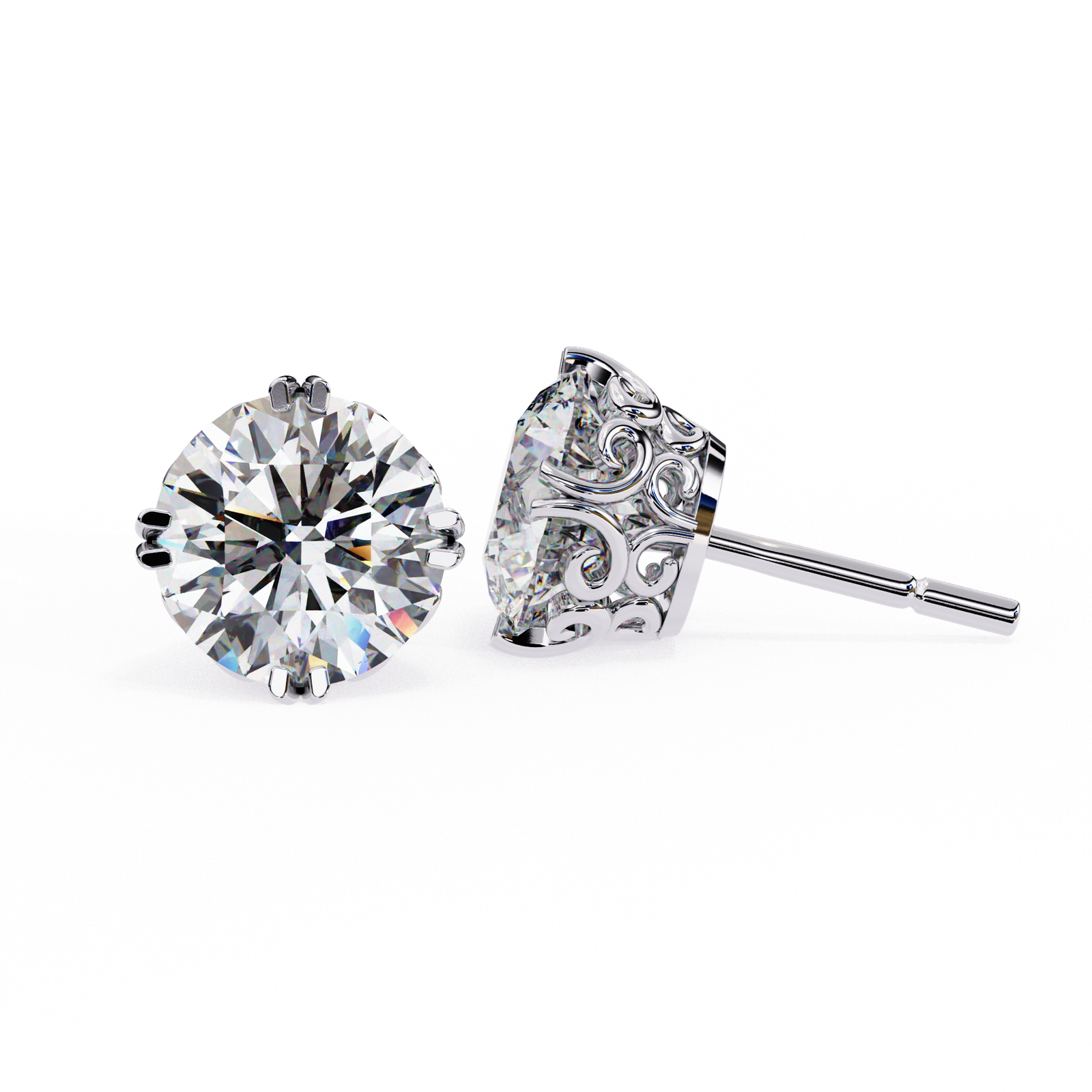 Ornate Round Diamond Stud Earrings with Filigree Setting