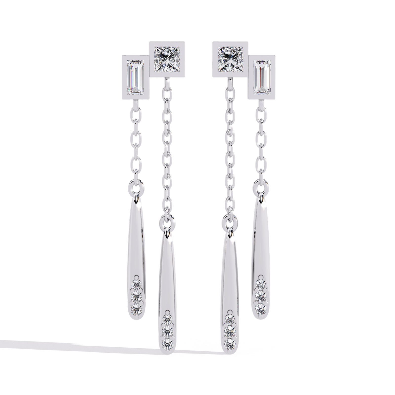 **Elegant Asymmetrical Diamond Drop Earrings in 18K White Gold | Geometric Chain Dangle Earrings for Women**