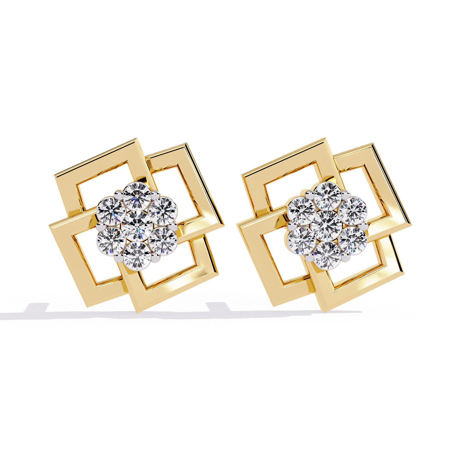 Modern Geometric Diamond Stud Earrings in Gold | Square Frame Floral Cluster Earrings for Women