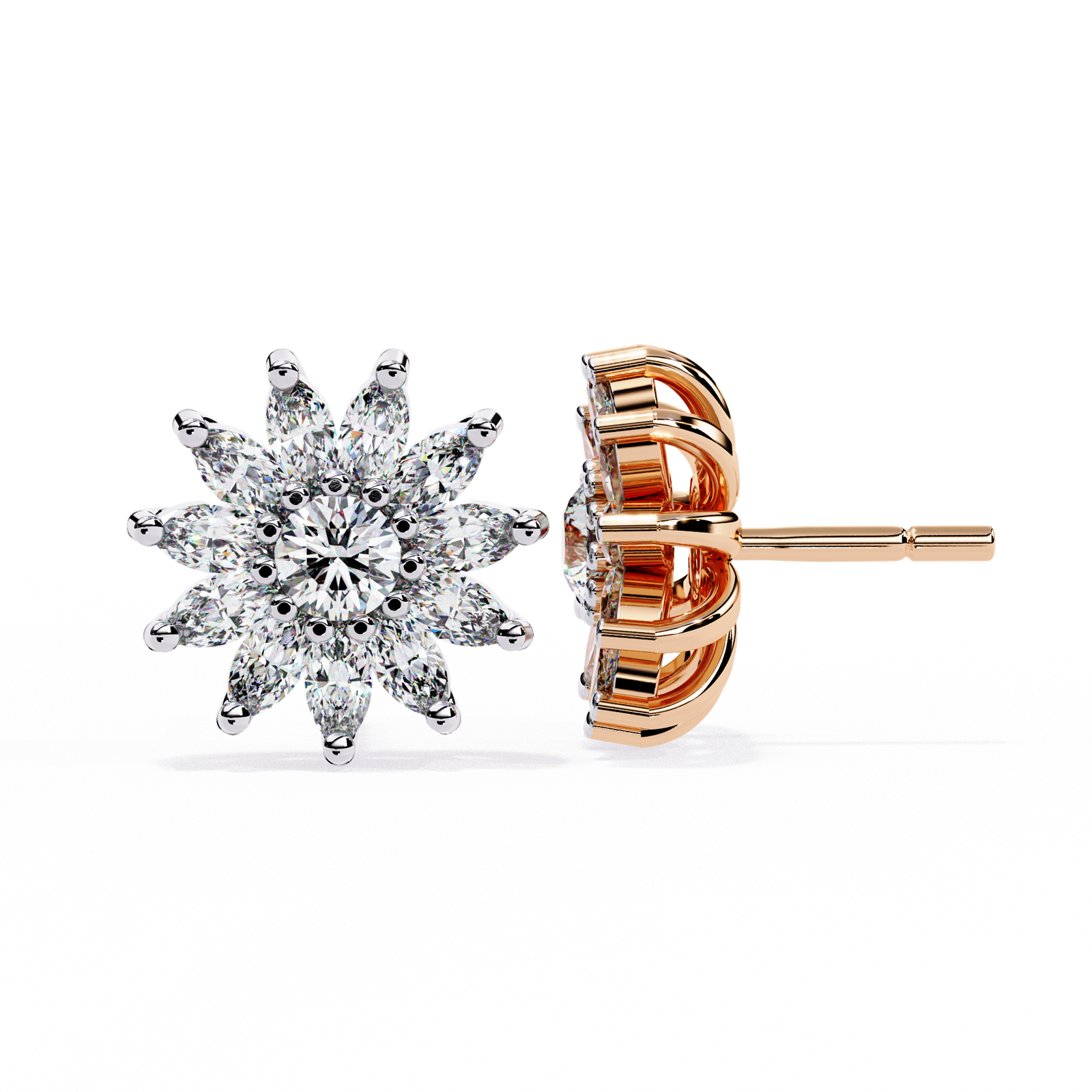 Floral Diamond Cluster Stud Earrings in  White Gold | Marquise Cut Flower Designer Earrings for Women